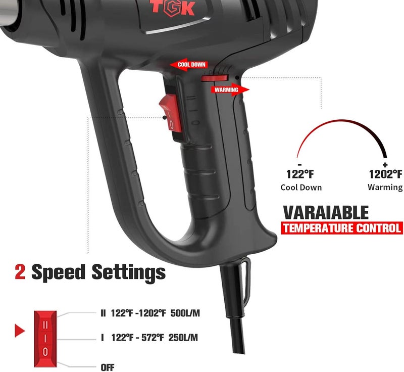 TGK Heat Gun, ® 1800W Heavy Duty Hot Air Gun Kit 122℉~1202℉ Dual Temperature Settings with 3 Nozzle Attachments Overload Protection for Crafts, Shrink Wrapping/Tubing, Paint Removing, Epoxy Resin - Image 2